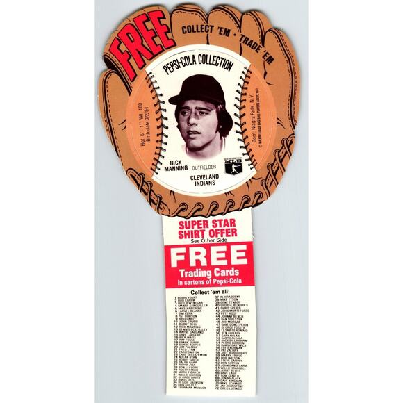 Pepsi Baseball Trading Card 1977 Rick Manning Cleveland Indians MLB Diecut Trade - Picture 1 of 2
